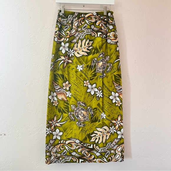 VINTAGE 70s Handmade Hawaiian Polynesian Sea Turtle Print Green Maxi Skirt M/L - Picture 4 of 8